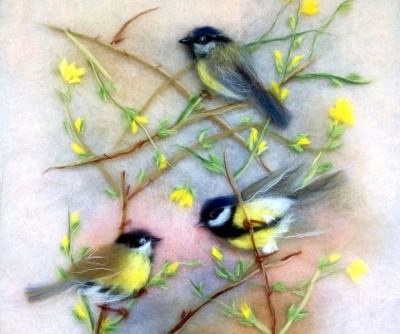 Картина из шерсти, птицы, синицы, шерстяная акварель